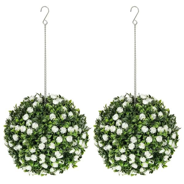 Set of 2 white artificial rose topiary balls with green foliage, hanging string