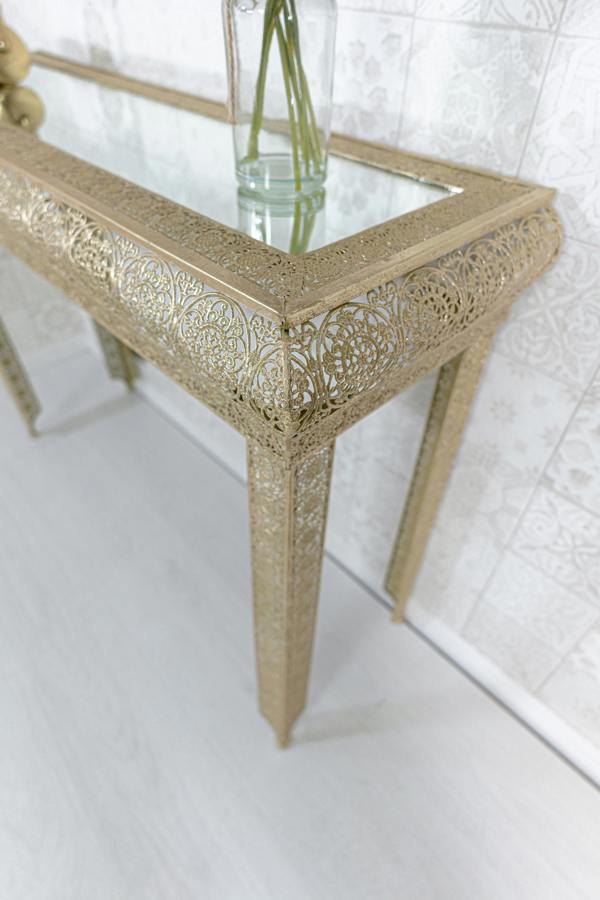 Downton Interiors Light Gold Embossed Metal Mirrored Glass Console Table - Agadir Range