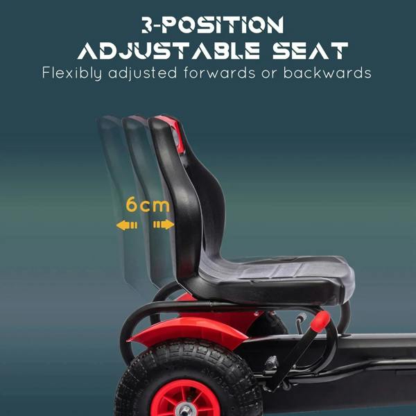Adjustable padded seat with flexible backrest on red kids pedal go-kart