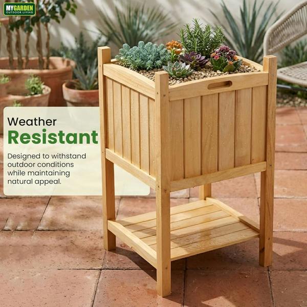 My Garden Outdoor Living My Garden Planter with Storage Shelf & PE Liner – 50 x 50 x 85cm Free Standing Square Wooden Planter for Indoor & Outdoor