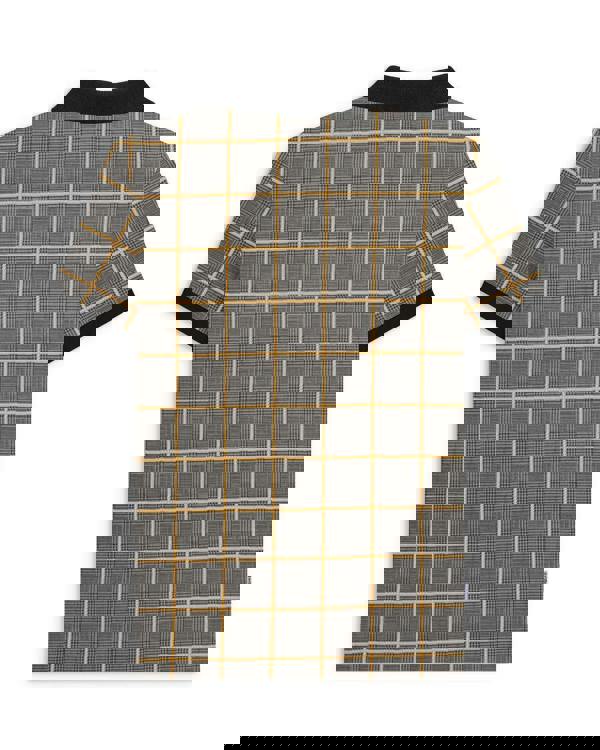 Lambretta Mens Prince of Wales Check Mod Ska Casual Polo, front view of men's polo shirt with classic Prince of Wales check pattern in grey, black collar, and short sleeves.