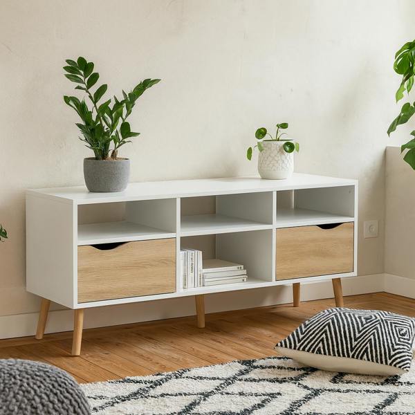 Wyld Haus Sapporo White and Natural Oak Wide TV Unit 2 Drawers 4 Shelves
