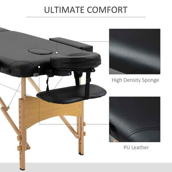 Black folding massage table with high-density sponge padding and PU leather cover