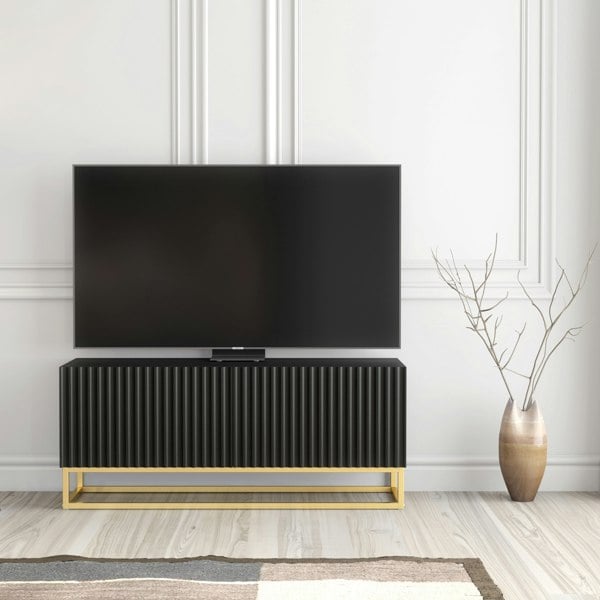 Mex Furniture Modern Black TV Unit with Gold Base 100cm – Fluted Fronts & Push-Down Doors