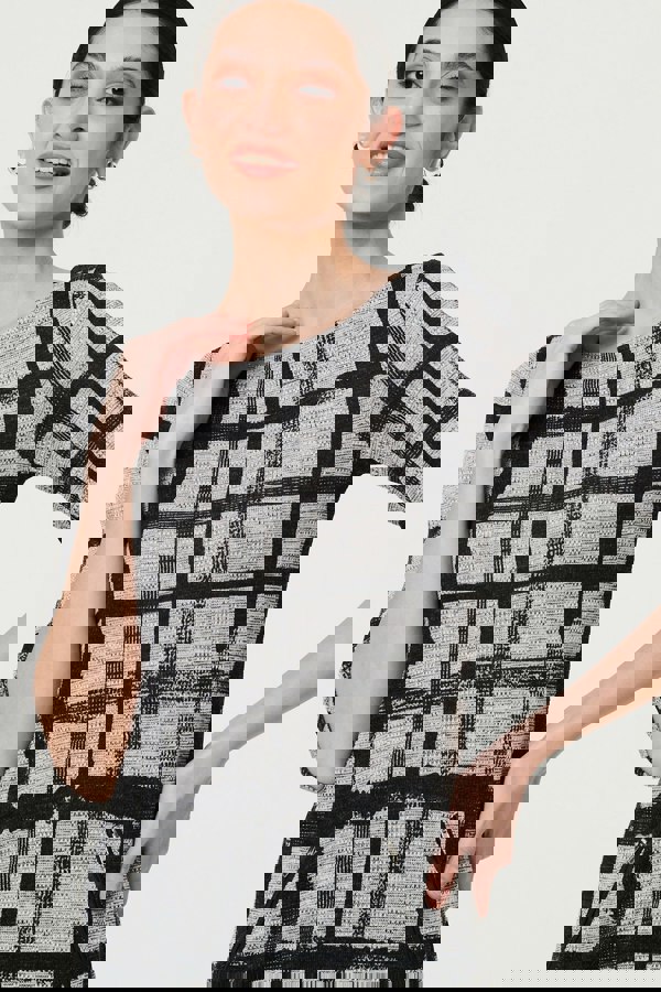 Black | Checked 3/4 Sleeve Short Shift Dress
