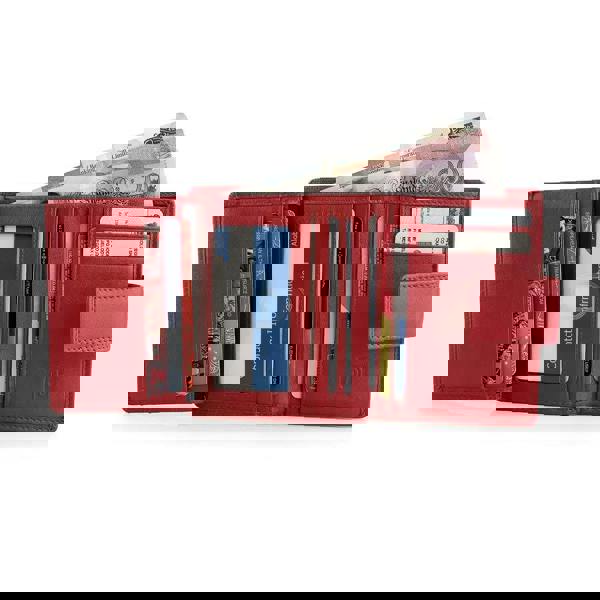 Soft red leather trifold purse with secure tab fastening – organised view