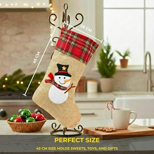 Large Snowman Christmas Stocking in Brown Hessian, 45cm Tall with 26cm Opening image 4