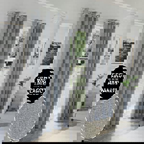Enhanced Living Grey Textured Basketweave 100% Blackout Curtains - Thermal/Energy Saving Pair with Eyelets For Living Room & Bedrooms