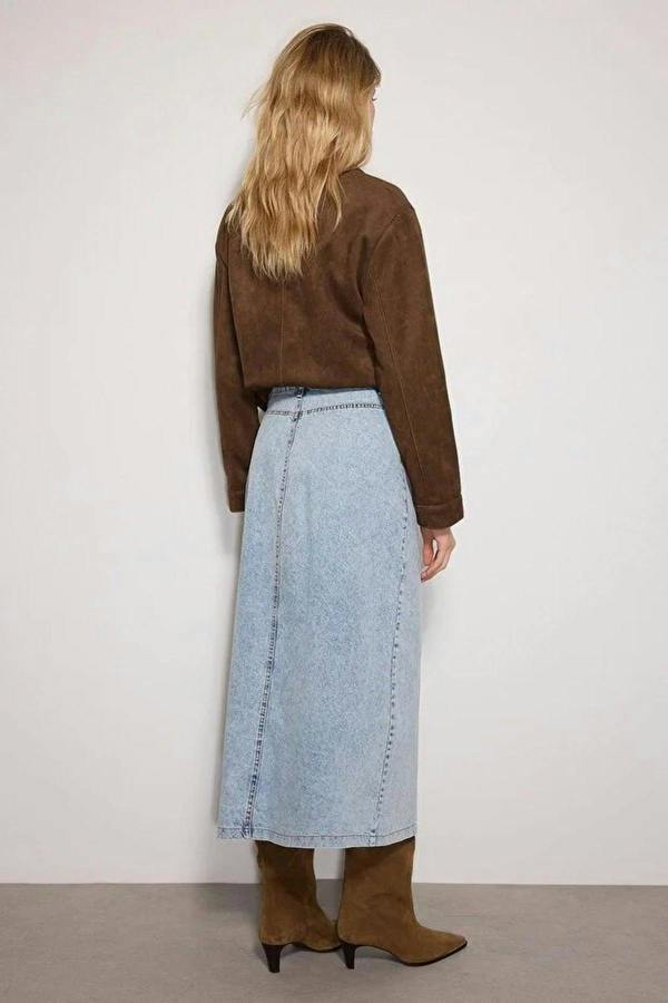 WOVCOR Double Pocket High Waist Maxi Denim Skirt with Button Detail