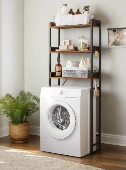 Industrial-style 3-tier over-the-toilet bathroom shelf in rustic brown and black steel frame

