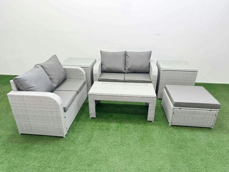 Fimous 5 Seater Outdoor Love Sofa Set Rattan Garden Furniture Set with Oblong Coffee Table Big Footstool 2 Side Tables Light Grey
