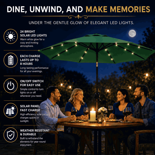 GlamHaus Garden Parasol Solar LED 2.7M ,Tilting Table Umbrella with Crank Handle, Protection UV40, Includes Parasol Cover- Green
