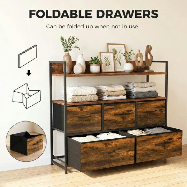Chest of Drawers, Bedroom Fabric Dresser with 5 Drawers, Storage Organiser Unit with Open Shelves, Rustic Brown