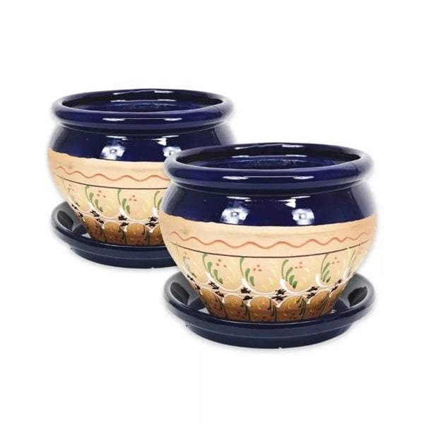 Bola Pot 25x21cm - Inca Blue - Set of 2 with 2 x 27cm Drainage Plates