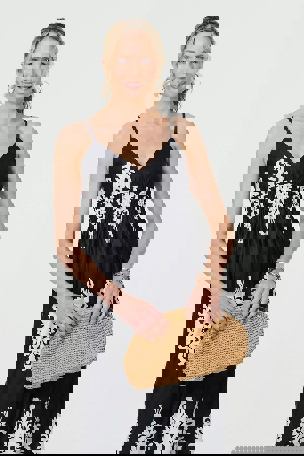 Black And White | Ikat Print Sleeveless Shirred Maxi Dress
