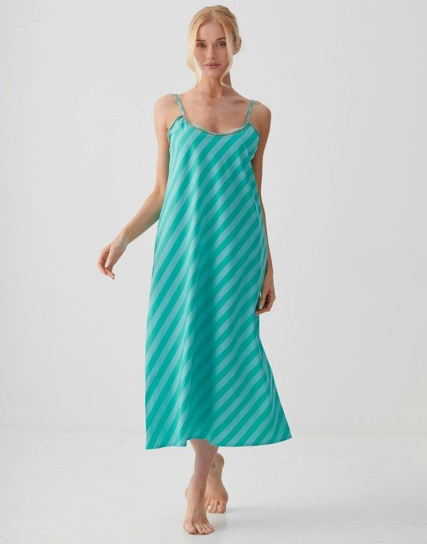 British Boxers Women's Crisp Cotton Strappy Nightdress – New York Turquoise Stripe