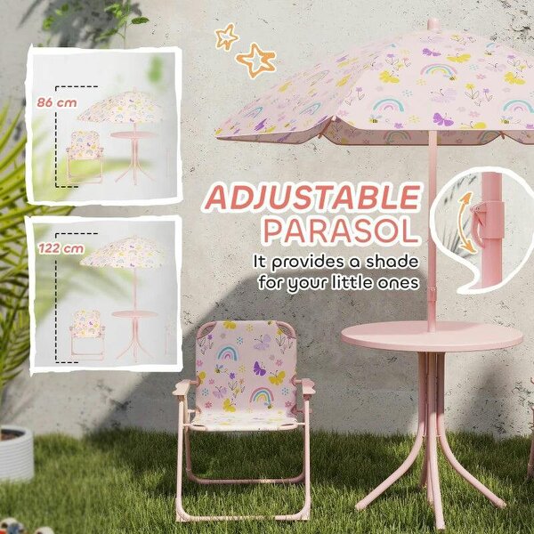 4-Piece Kids Garden Table and Chair Set with Adjustable Parasol, Folding Chairs, Table, Rainbow Pattern, Pink