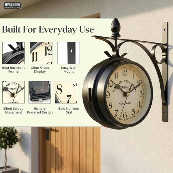 My Garden Outdoor Living My Garden Outdoor Station Clock - Weather Resistant Garden Wall Clock with Metal Bracket, Silent Vintage Hanging Design