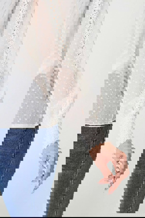 Ivory | Lace Trim High Neck Long Sleeve Blouse
