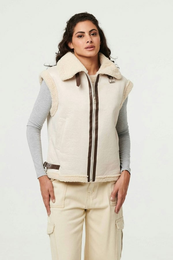 Ivory | Faux Suede Fur Lined Sleeveless Gilet
