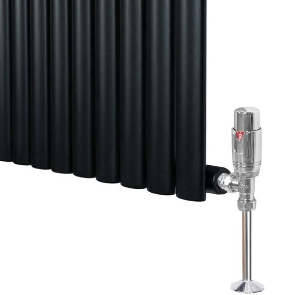 Sleek black oval single column radiator with polished valve, featuring smooth, rounded edges and a modern design for efficient heating