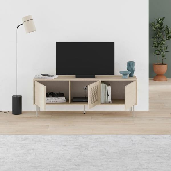Decortie Modern 140cm TV Stand Unit 50" TVs with 3 Soft-Close Doors, Laser-Cut Pattern, Storage Shelves, Sonoma Oak
