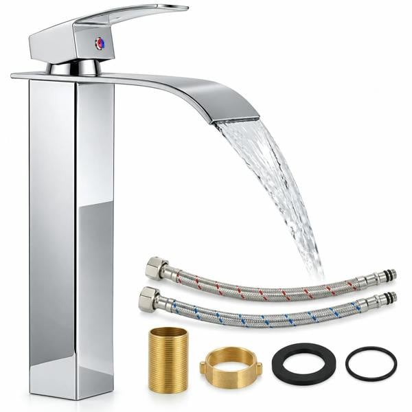 ATEK Waterfall Basin Mixer Tap Brass Tall Countertop Vessel Sink Chrome