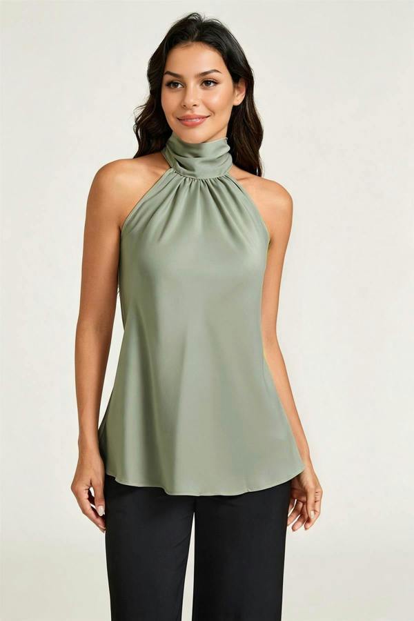 FS Collection Satin Halter Neck Tie Back Top In Dusty Sage