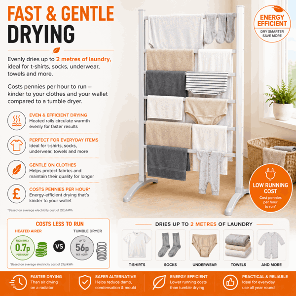 Homefront Electric Heated Clothes Airer Dryer Rack 90W Indoor Free Standing Deluxe Energy Efficient