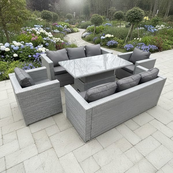 Fimous 8 Seater Rattan Garden Furniture Set with Adjustable Rising Table, 2 Sofas & 2 Arm Chairs - Light Grey