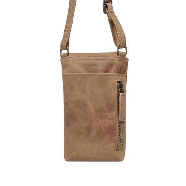 Real Hide Bags 'THEA' Tan Distressed Real Leather Mobile Phone Crossbody Bag