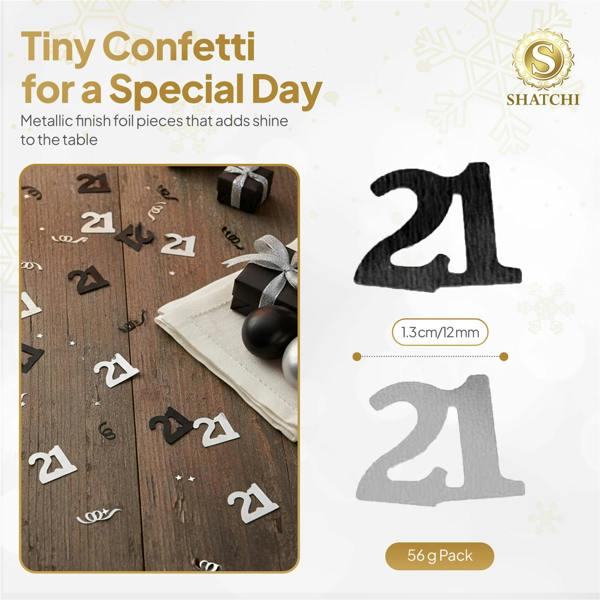21st Birthday Black and Silver Confetti Decoration Set, Foil Metallic Table Scatter in 1, 2 or 4 Pack Options image 1