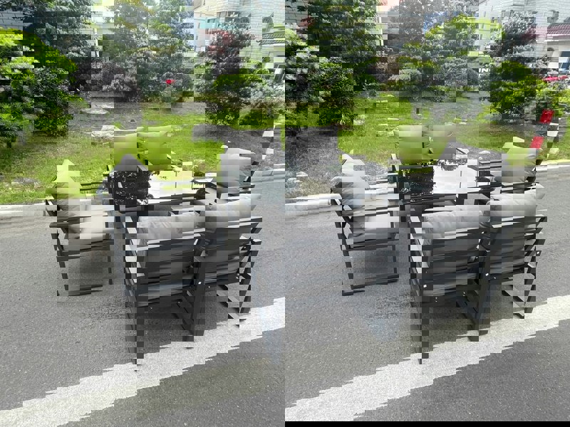 Fimous Aluminum Garden Furniture Dining Set Adjustable Rising Lifting Table And Chairs Patio Outdoor 6 Seat Black Tempered Glass Dark Grey