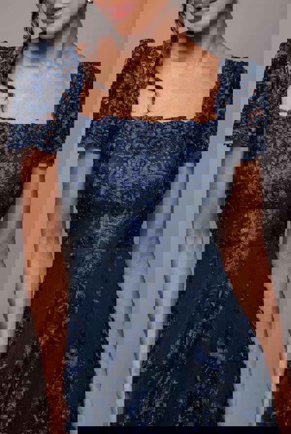 Scalloped Neck Embroidered Lace High Low Midi Dress - Navy Blue DR4265