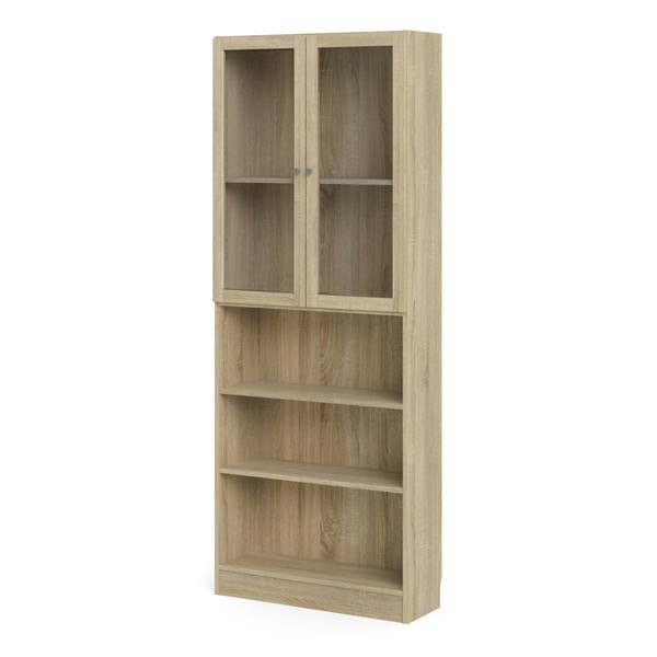 Furniture To Go Basic Tall Wide Display Cabinet in Oak (4 Shelves) with 2 Glass Oak Doors