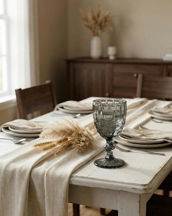 Two dark gray textured glass goblets on a light surface with a plant in the background.