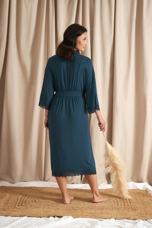 Pretty You London Women's Bamboo Lace Kimono Robe Dressing Gown in Teal