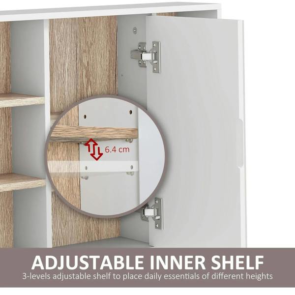 White mirror cabinet door with adjustable inner shelf hardware and open side compartments
