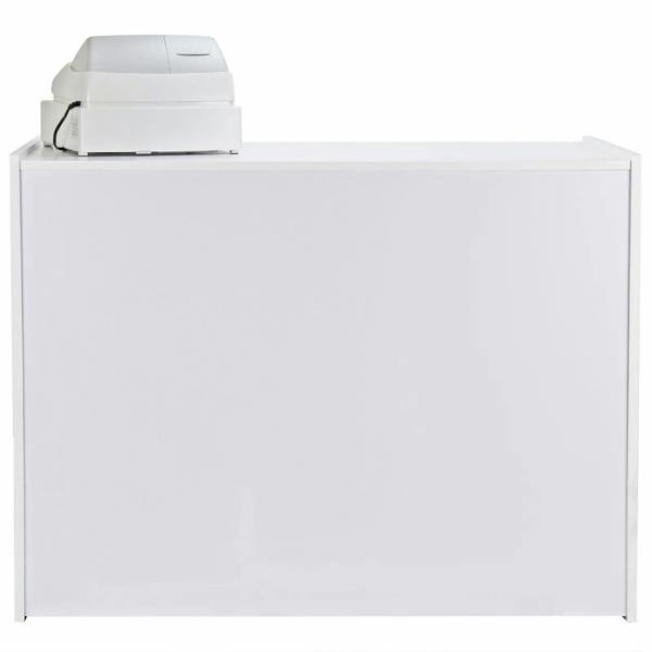 Brilliant white A1200 retail shop counter with a sleek, modern design and a smooth, glossy finish, ideal for any retail space