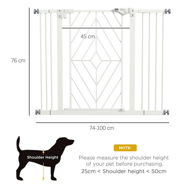 White pressure-mounted dog stair gate with geometric mesh panel and wall brackets