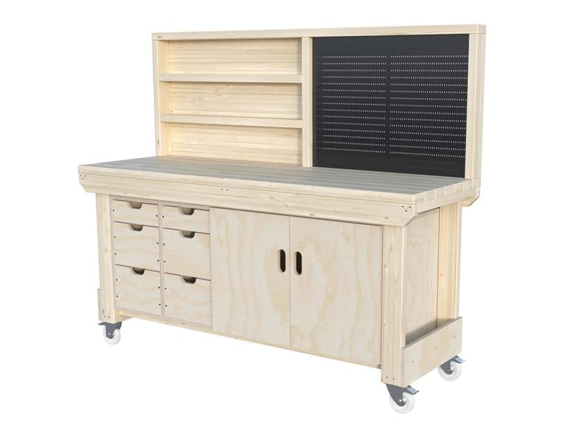 Acorn Heavy-Duty Cupboard Workbench (V.2) – Sturdy Wooden Workbench with Two-Door Cupboard, Multiple Large Drawers, and Optional Back Panel or Pegboard, Ideal for Garages, Workshops, and Sheds