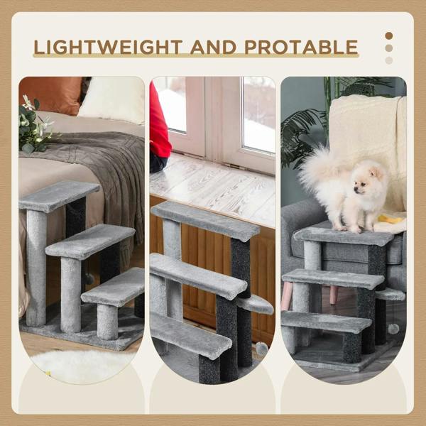 Grey pet stairs with three steps and scratching posts, shown in three room views