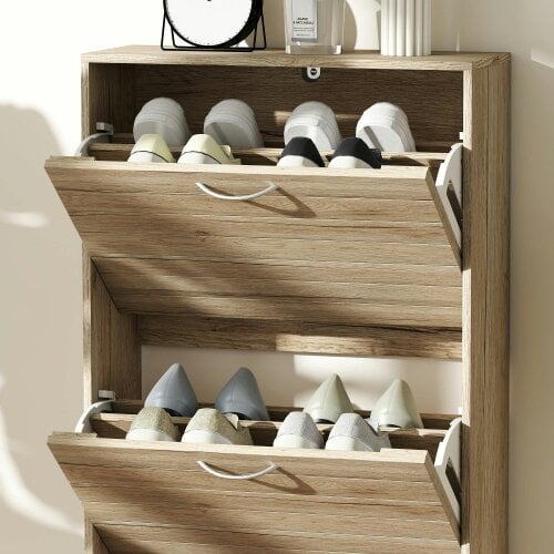 Wyld Haus Covara Wooden Brown Wood Effect 12 Pair Shoe Cabinet With Flip Drawers
