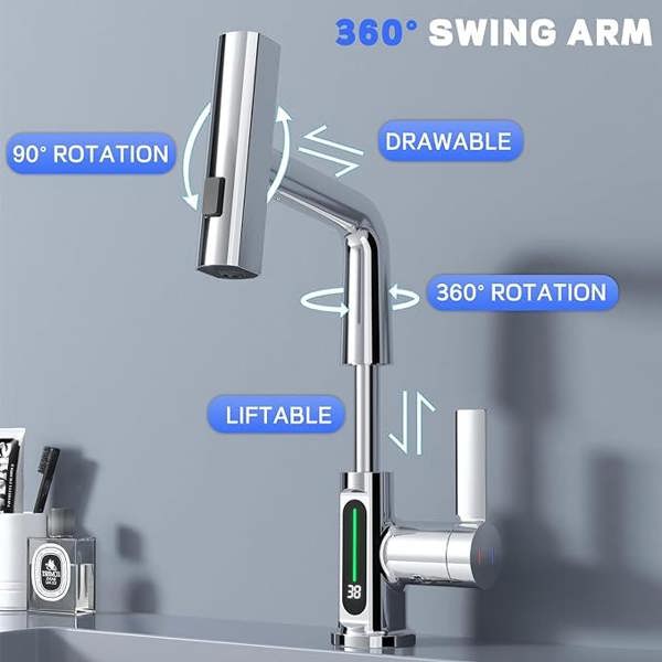 ENER-J Modern Single Hole Basin Faucet with Waterfall, Pull Out Sprayer and LED Temperature Display, Chrome Silver