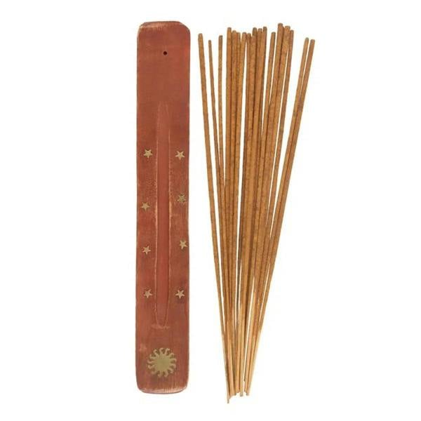 Incense stick bundle with brown incense holder and sun-star design
