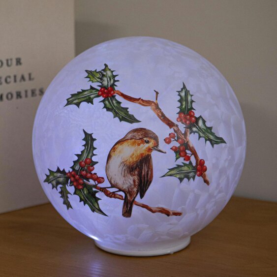 Samuel Alexander 20cm Light Up Christmas Robin Glass Ball with Cool White LEDs