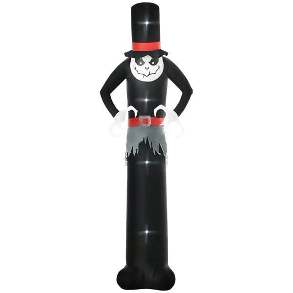Black tall inflatable ghost with top hat, red band, smiling face, hands on hips