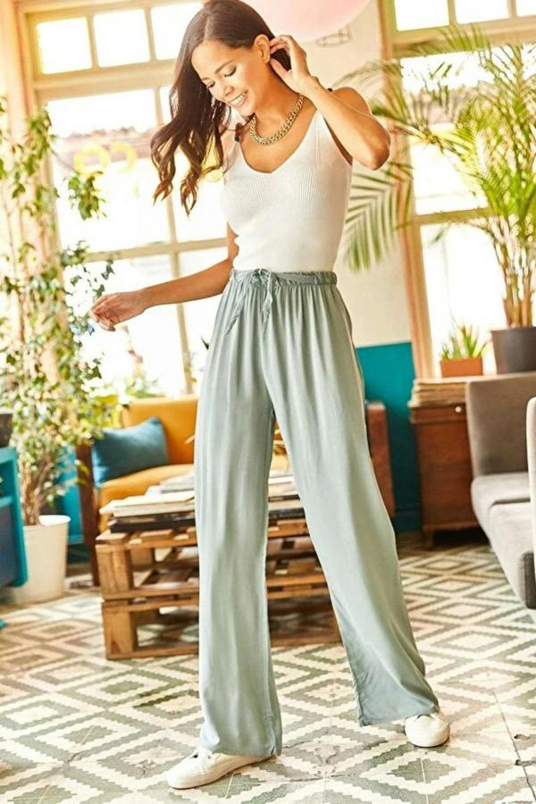 Hoxton Gal Basic Belted Woven Viscose Palazzo Pants