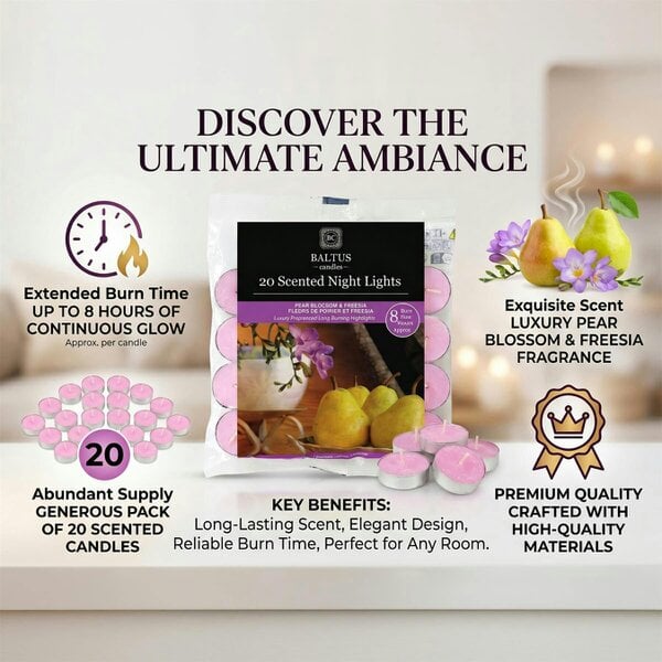 Baltus Pear Blossom & Freesia Scented Tealight Candles, Pack of 20, Up to 8 Hour Burn Time