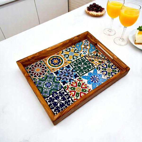 Olive Wood & Ceramic Serving Tray with Handles